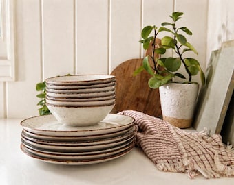 Vintage speckled J&G Meakin Lifestyle plates and bowls set – English stoneware – rustic minimalist dinnerware – 1970s