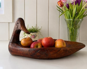Bol de madera tallada vintage – Pato decorativo | Centro de mesa rústico | Pieza única