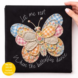 Faux Patchwork papillon PNG, Clipart floral Vichy, téléchargement numérique Faux tissu, graphique de scrapbooking Cottagecore