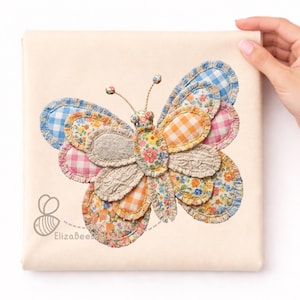 Mariposa de patchwork sintético PNG, imágenes prediseñadas de cuadros florales, descarga digital de tela sintética, gráfico para álbum de recortes estilo cottagecore