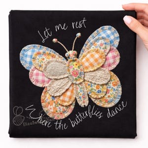 Sztuczny motyl w patchworku PNG, kwiatowy kliparty w kratkę gingham, cyfrowe pobieranie imitacji tkaniny, grafika do albumu Cottagecore