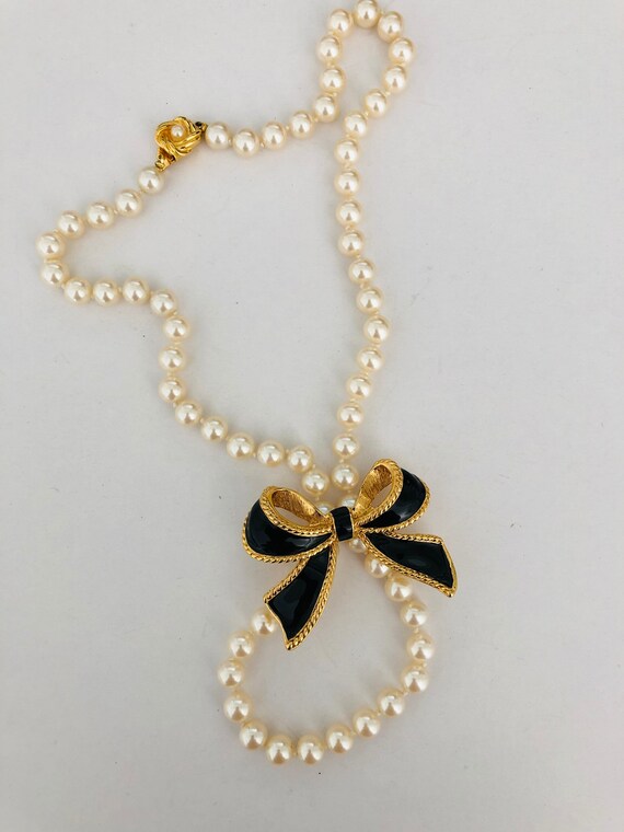 Avon Bow Pearl Necklace Enhancer black and gold e… - image 2