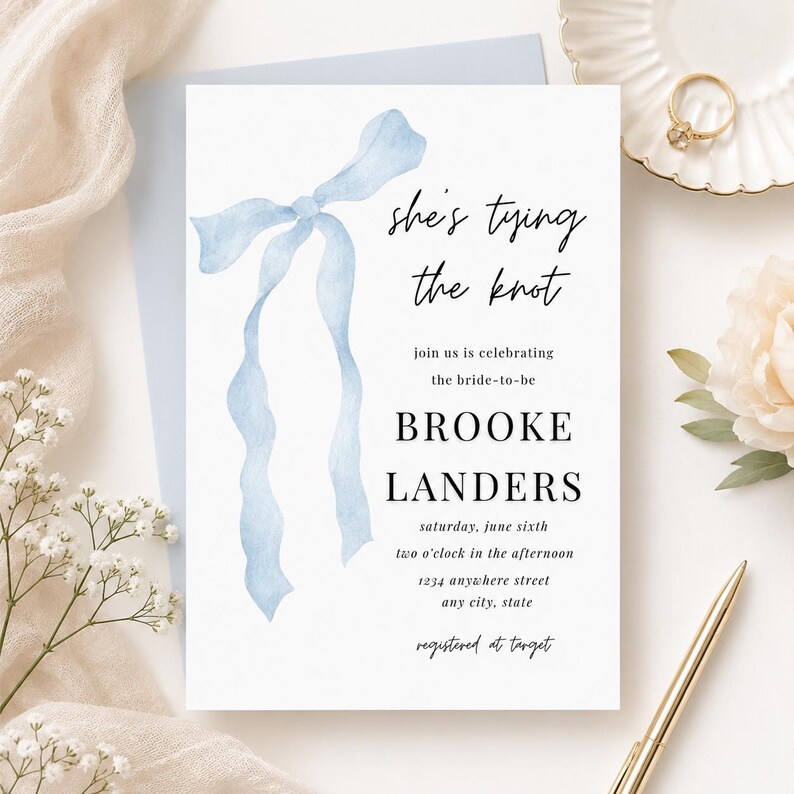 Bridal Shower Invitation, Watercolor Bow, She’s Tying the Knot ...