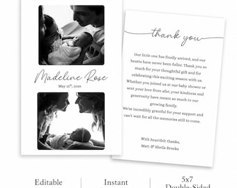 May include: A double-sided 5x7 thank you card template featuring black and white photos of a newborn baby. The front displays the name Madeline Rose, the date May 15th, 2026, and two photo frames. The back includes the text thank you and a message.