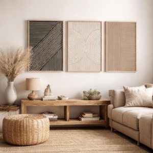 Set van 3 beige-zwarte minimalistische drieluik wanddecoraties om te printen | Neutrale abstracte geometrische prints Boho Japandi moderne wanddecoratie om te downloaden