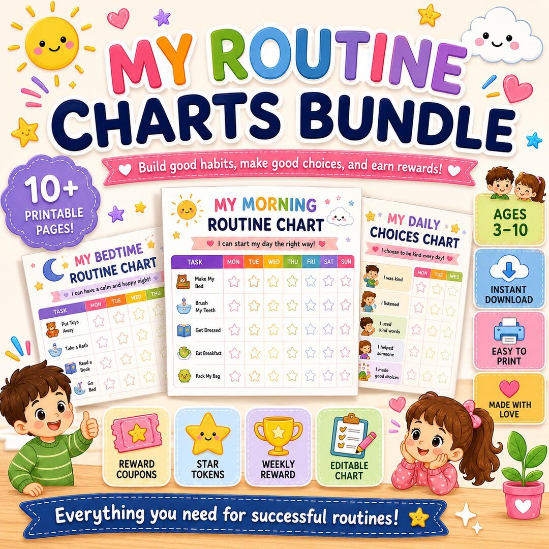 Editable Routine Charts for Kids | Reward System Printable Bundle ...