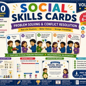 Könnte beinhalten: Ein Set aus 20 sozialen Kompetenzkarten Vol. 3 für 6- bis 10-Jährige zur Problemlösung und Konfliktbewältigung. Enthält eine Bonus-Aktivitätsseite, ein Belohnungsdiagramm und ein Zertifikat. Die Karten zeigen illustrierte Kinder in Alltagssituationen.