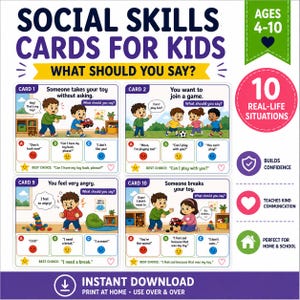 Op de afbeelding: Sociale vaardigheid kaarten voor kinderen van 4-10 jaar, met 10 realistische situaties. De kaarten behandelen onderwerpen als speelgoed delen en omgaan met boosheid. Ze bevorderen vriendelijke communicatie en bouwen zelfvertrouwen op.