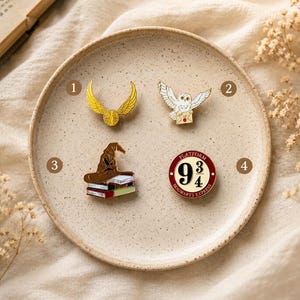 May include: Four enamel pins on a speckled plate: a gold winged ball, a white owl carrying an envelope, a brown wizard hat resting on a stack of books, and a circular red and white sign with the text Platform 9 3/4 Hogwarts Express.