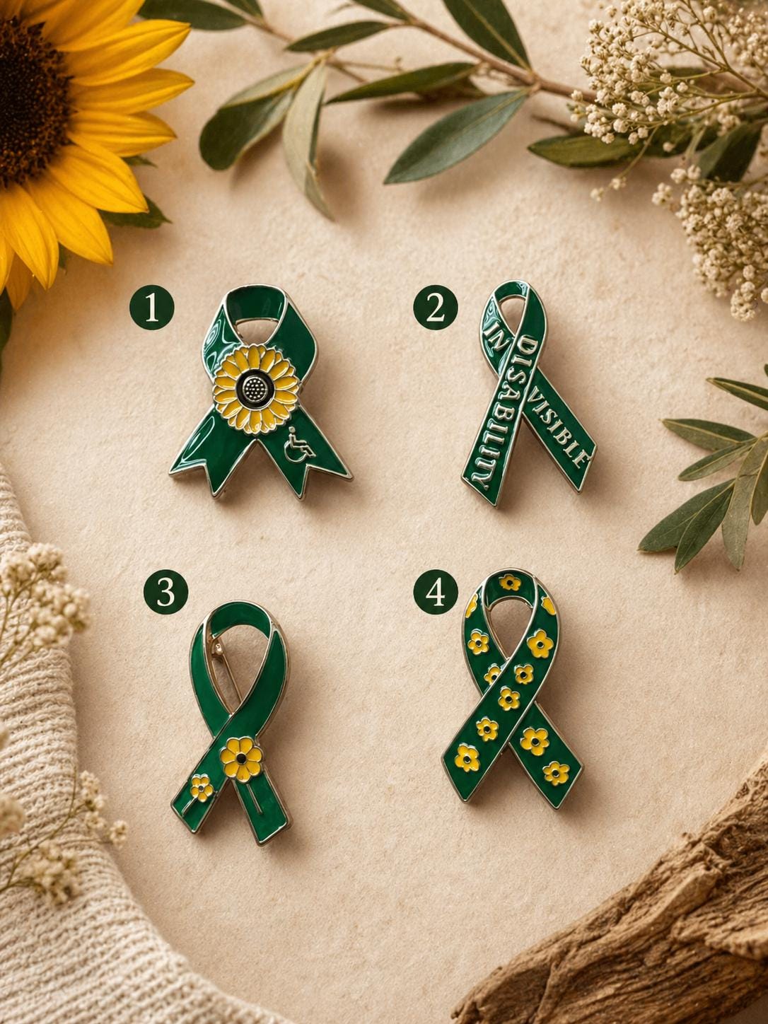 Green Sunflower Invisible Disability Awareness Ribbon Enamel Pins - Etsy