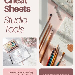 May include: An artistic still life featuring a watercolor palette, paintbrushes, and a notebook with a butterfly illustration. The image includes the text "Cheat Sheets Studio Tools" and "Unleash Your Creativity With Our Toolkit Perfect for Artists."