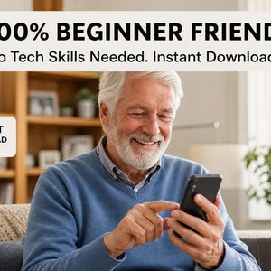 May include: A digital guide featuring the text 100% BEGINNER FRIENDLY, No Tech Skills Needed. Instant Download PDF, and an INSTANT DOWNLOAD PDF GUIDE icon. A gold circular badge with the text ETSY BESTSELLER is displayed on the left side.