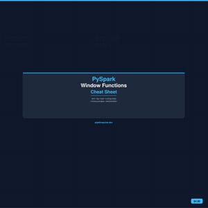 May include: A dark blue graphic with the text "PySpark Window Functions Cheat Sheet." The text includes "rank, lag, lead, running totals, moving averages, and serialization." The website pipelinepulse.dev is also displayed.