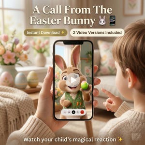 Peut inclure: Un smartphone affiche un appel vidéo du lapin de Pâques tenant un œuf coloré. Le texte indique "A Call From The Easter Bunny" et "Instant Download". Un enfant pointe le téléphone, avec le texte "Watch your child's magical reaction."