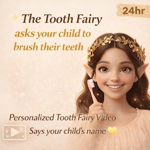 Puede incluir: Ilustración de un hada sonriente sosteniendo un cepillo de dientes rosa. El texto dice: "El Hada de los Dientes le pide a tu hijo que se cepille los dientes". Texto adicional dice: "Video personalizado del Hada de los Dientes dice el nombre de tu hijo."