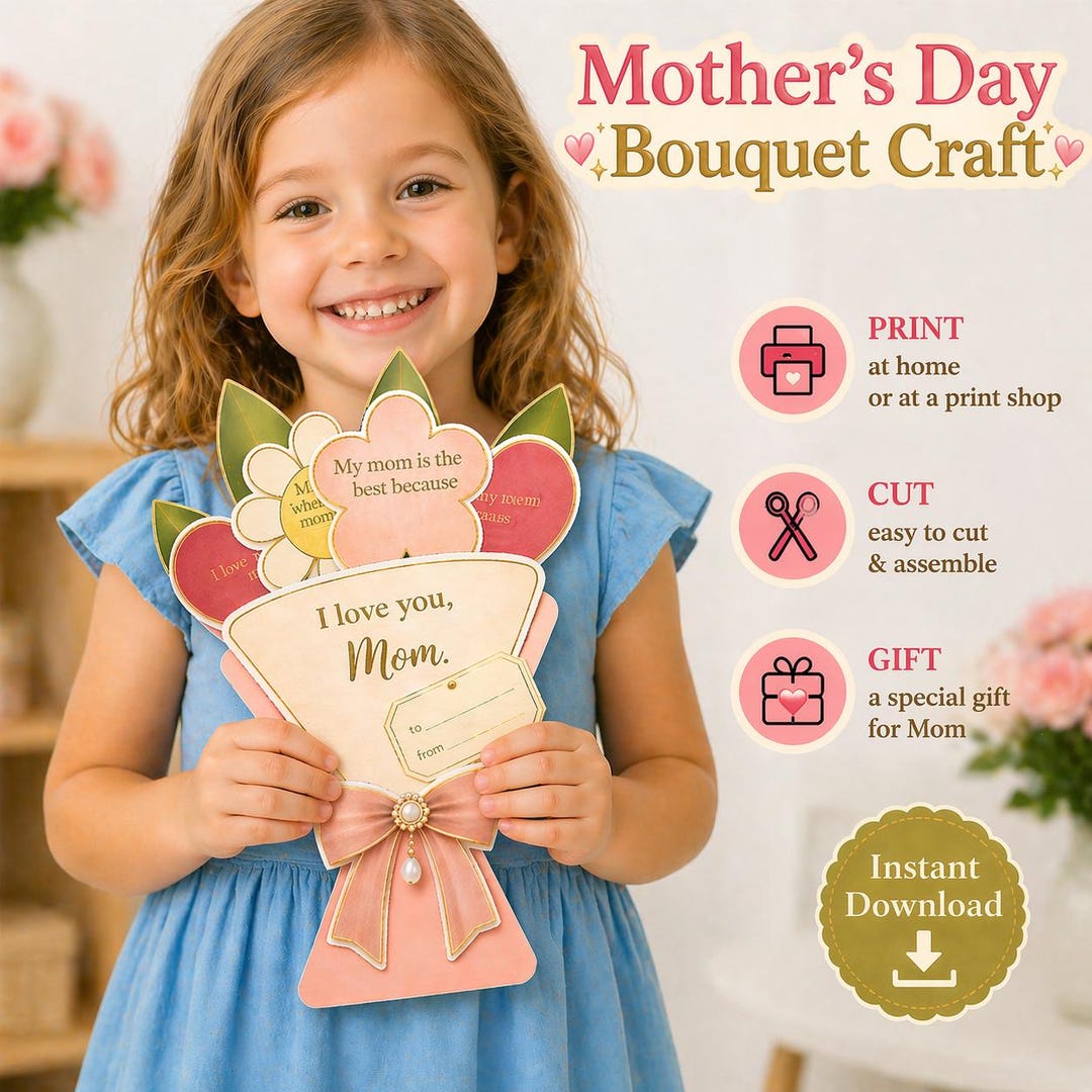 Mother's Day Kids Bouquet Craft | Printable Paper Flower DIY Gift ...