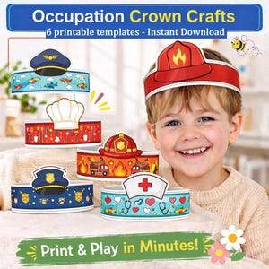 Könnte beinhalten: Druckbare Berufskronen-Vorlagen mit Designs für Pilot, Koch, Feuerwehrmann, Polizist und Krankenschwester. Das Bild enthält den Text "Occupation Crown Crafts" und "Print & Play in Minutes!"