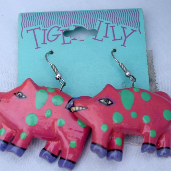 Tiger Lily Vintage Jewelry -Wooden Earrings - Handmade In Bali- Pink Green Polka Dot Pig