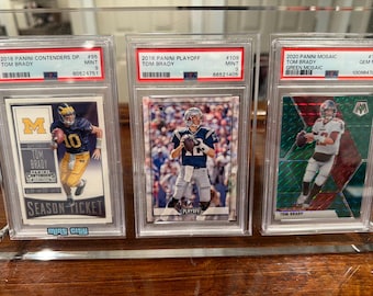 Tom Brady PSA Card Display – PSA 10 Green Mosaic, Michigan Contenders & Patriots Playoff Cards