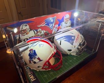 New England Patriots Dual Signed Mini Helmet Display – Julian Edelman & Rob Gronkowski Autographed Helmets – Lighted Acrylic Case – Coa