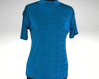 Iridescent Blue Teal Turtleneck Stretch Top Size Medium to Large