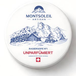 Puede incluir: Un recipiente redondo blanco con una ilustración de montaña y cabaña en azul y blanco. El texto "MONTSOLEIL ARTISAN" está encima de la ilustración. Debajo, el texto "RASIERSEIFE Nº1 UNPARFÜMIERT" y una bandera suiza.
