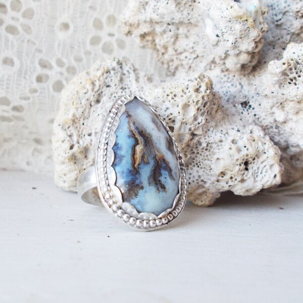 Graveyard point plume agate sterling silver cocktail ring, pyrite inclusions, teardrop semiprecious gemstone, artisan jewelry, size 6 1/2