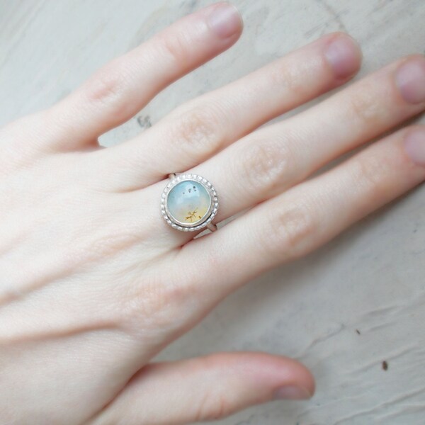 Dendritische weisser Opal Sterlingsilber Stapeln Ring, Merlinite Achat, stapelbare Minimalist geschmiedet Kunsthandwerk Schmuck Größe 7