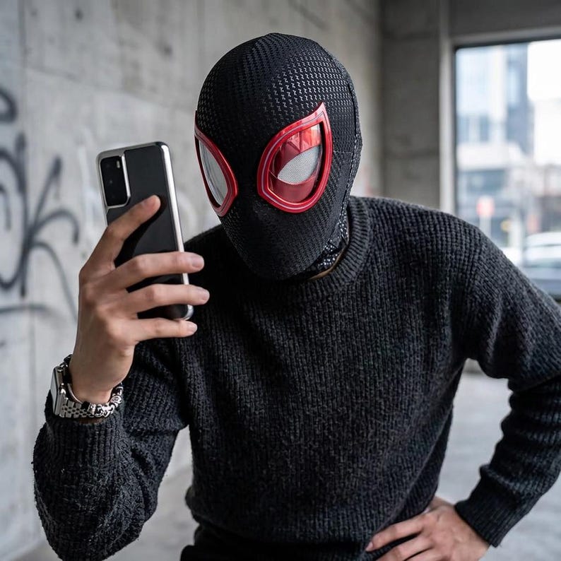 May include: Black and red Miles Morales Spider-Man mask with a textured pattern. The mask has red eye frames and a white lens. The person is wearing a black sweater and holding a black smartphone.