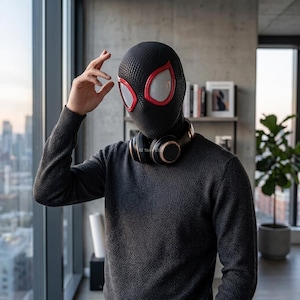 May include: Black Spider-Man mask with red trim around the eye openings. The mask has a textured pattern and covers the entire head and neck. The person is wearing a dark gray sweater and headphones.