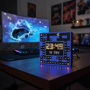 May include: A blue and black digital clock displaying the time 23:49 and the date 18 THU. The clock has a pixelated design and is sitting on a wooden desk. A computer monitor and keyboard are in the background.
