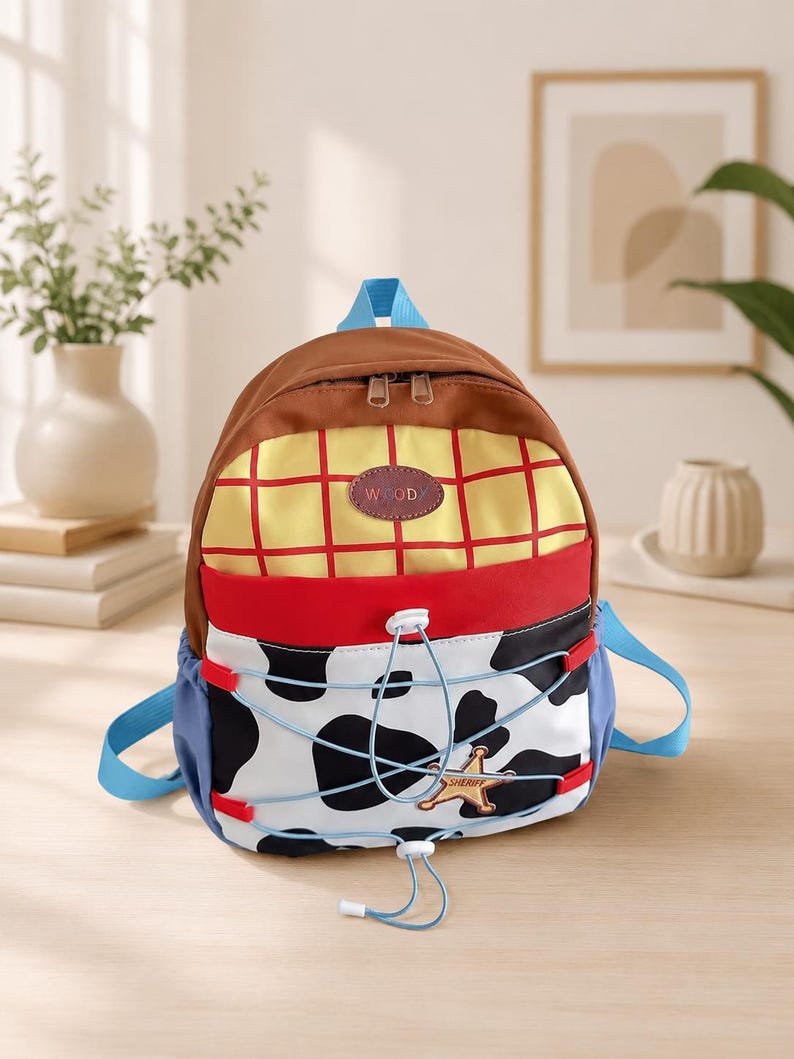 Puede incluir: Una mochila con parte superior marr&oacute;n, una secci&oacute;n amarilla con patr&oacute;n de cuadr&iacute;cula y un parche ovalado marr&oacute;n con la etiqueta WOODY, una banda horizontal roja y una secci&oacute;n inferior con estampado de vaca, cord&oacute;n azul y una estrella de sheriff dorada.