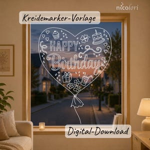 Könnte beinhalten: Ein weißer Linienkunst-Aufkleber auf einem Fenster in Form eines herzförmigen Ballons. Das Design zeigt den Text Happy Birthday, einen Cupcake, eine Torte, ein Geschenk, ein Getränk, Blumen und Konfetti. Das nicolori-Logo ist oben zu sehen.
