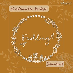 Spring wreath for the window – Simple chalk pencil template with blossoms and flower pots, print and trace, 38 cm, scalable