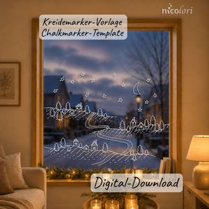 Puede incluir: Una plantilla de rotulador de tiza de descarga digital con un dibujo de líneas blancas de una escena de pueblo invernal con casas, pinos, un camino sinuoso, estrellas y una luna creciente, en un cristal con el texto nicolori arriba.