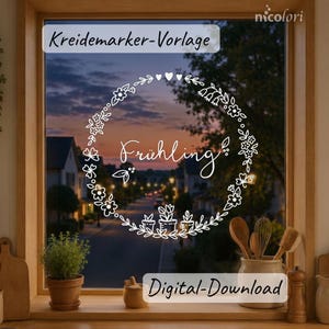 Spring wreath for the window – Simple chalk pencil template with blossoms and flower pots, print and trace, 38 cm, scalable