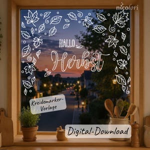 Herbst-Blätter im Wind als Fensterrahmen - XL - Fensterbild-Vorlage für Kreidemarker, ausdrucken & nachmalen, 76cm breit, skalierbar