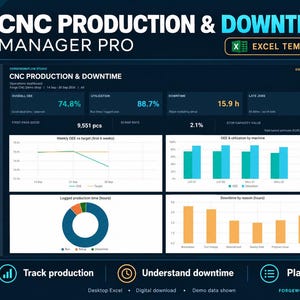 Könnte beinhalten: Ein digitales CNC Production & Downtime Manager Pro Excel-Vorlagen-Dashboard. Die Benutzeroberfläche zeigt Kennzahlen wie OEE, Auslastung, Ausfallzeiten und verspätete Aufträge an, mit Liniendiagrammen, Balkendiagrammen und einem Ringdiagramm zur Analyse.