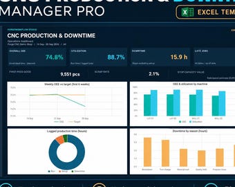 CNC Production & Downtime Excel Template, OEE Dashboard and Job Scheduler