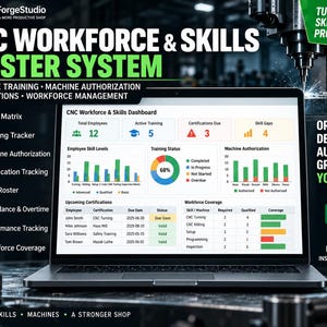 Pode incluir: Um computador portátil exibindo o painel CNC Workforce & Skills Master System, com gráficos, níveis de habilidades dos funcionários, status de treinamento e dados de autorização de máquinas. A tela inclui cabeçalhos como CNC Workforce & Skills Dashboard.
