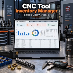CNC Tool Inventory Spreadsheet for Excel, Stock Levels, Reorder Status and Dashboard