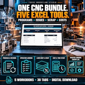 May include: A digital CNC shop management bundle featuring five Excel tools for programs, issues, scrap, and costs. The image displays a laptop screen showing a master control dashboard, surrounded by industrial machinery and a digital caliper.