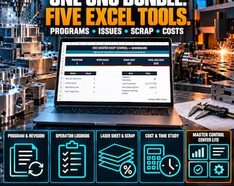 CNC Manufacturing Excel Bundle, 5 Workbooks, Program Revision, Operator Log, Scrap, Cost Study (Digital Download)