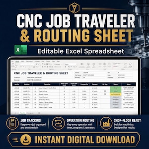 May include: A digital CNC Job Traveler and Routing Sheet template for Excel. The document features columns for job number, machine, operation, setup and cycle times, program number, operator, QC sign-off, status, and notes for manufacturing tasks.
