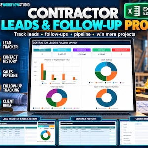 May include: A digital dashboard titled Contractor Leads & Follow-Up Pro displayed on a laptop screen, featuring charts, tables, and metrics for tracking leads, sales pipelines, and client briefs, with an Excel editable icon in the corner.