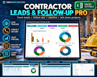 Contractor Lead Tracker Excel Template | Follow Up CRM, Sales Pipeline Dashboard & Client Management Spreadsheet