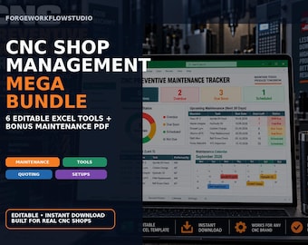May include: A digital CNC shop management mega bundle featuring six editable Excel tools and a maintenance PDF. The screen displays a preventive maintenance tracker dashboard with charts, task lists, and a calendar for machine maintenance scheduling.