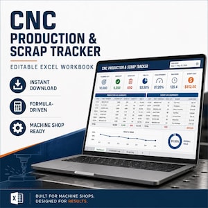Può includere: Un computer portatile che mostra una cartella di lavoro Excel per il monitoraggio della produzione e degli scarti CNC. Lo schermo visualizza una dashboard con registri di produzione, registri degli scarti, tendenze di rendimento e metriche.