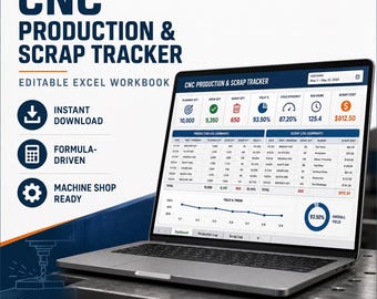 CNC Production and Scrap Tracker | Editable Excel Spreadsheet | Yield, Scrap Cost & Cycle Efficiency
