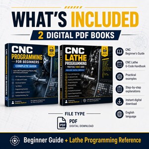 May include: Two digital PDF books titled CNC Programming for Beginners and CNC Lathe Programming. The covers feature images of CNC machinery and text detailing topics like G-codes, M-codes, and tool offsets. Includes icons for instant download.